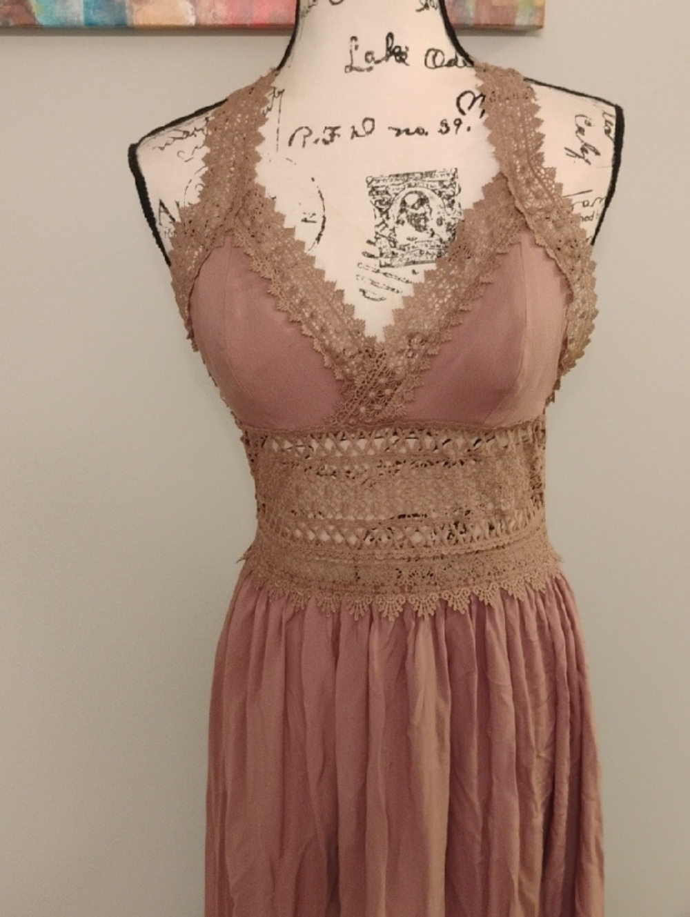 Lace-Trim Mauve Boho Maxi Dress